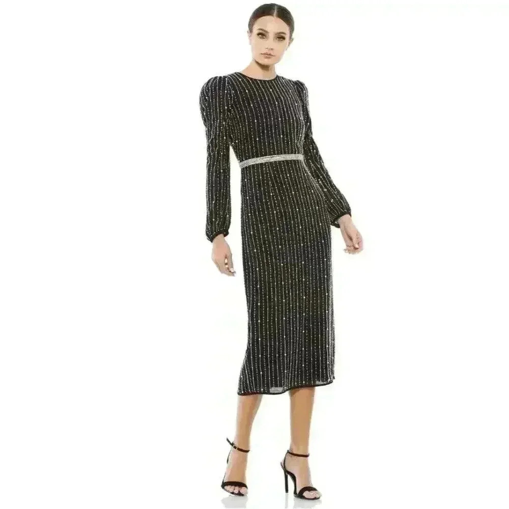 Mac Duggal Long Puff Sleeve Beaded Pearl Evening Midi Dress 2 Xs Rhinestone Belt